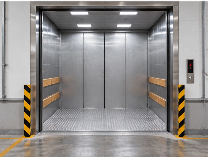 Industrial goods elevator with wide metal doors