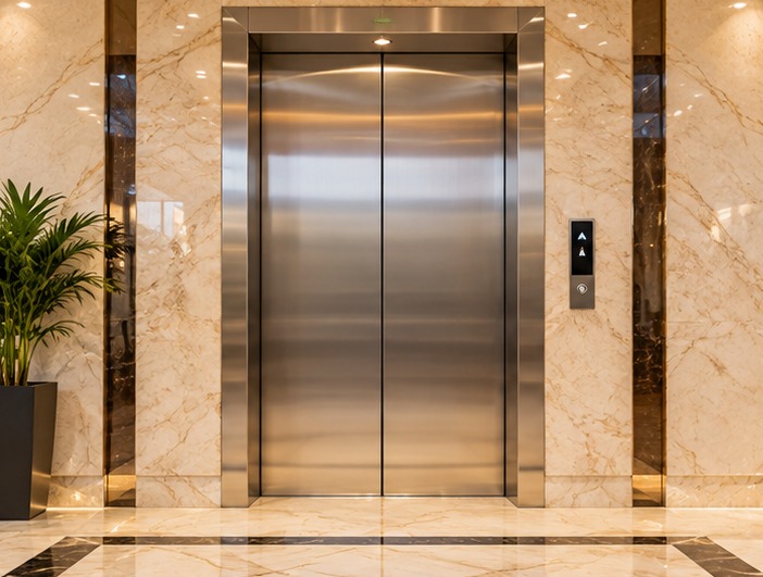 Passenger elevator with stainless steel doors and marble surround
