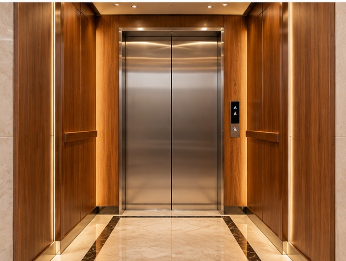 Warm wood-finish elevator interior